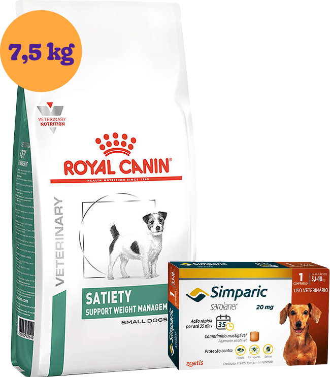 Kit Ração Royal Canin Satiety Cães Raças Pequenas 7,5Kg e Antipulgas Simparic 20 mg Cães 5,1 a 10Kg KIT - KIT