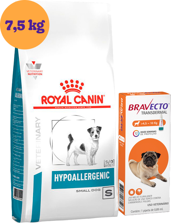 Kit Ração Royal Canin Hypoalergênica para Cães Pequenos 7,5Kg e Antipulgas Bravecto 250 mg KIT - KIT