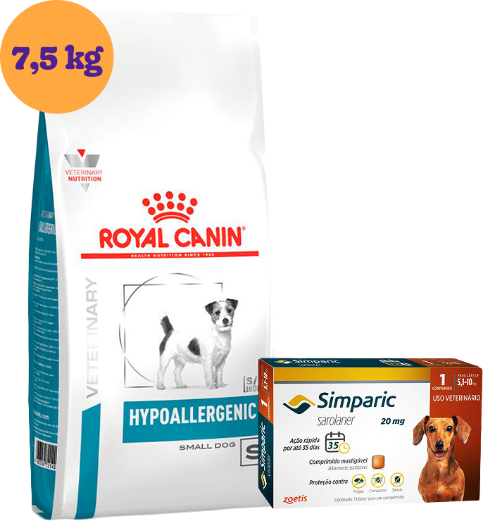Kit Ração Royal Canin Hypoalergênica para Cães Pequenos 7,5Kg e Antipulgas Simparic 20 mg para Cães 5,1 a 10Kg KIT - KIT