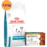 Kit Ração Royal Canin Hypoalergênica para Cães Pequenos 7,5Kg e Antipulgas Simparic 20 mg para Cães 5,1 a 10Kg - KIT