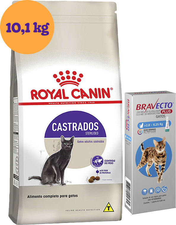 Kit Ração Royal Canin Sterilised Gatos Adultos 10,1Kg e Antipulgas Bravecto Transdermal Gatos 1 Pipeta KIT - KIT