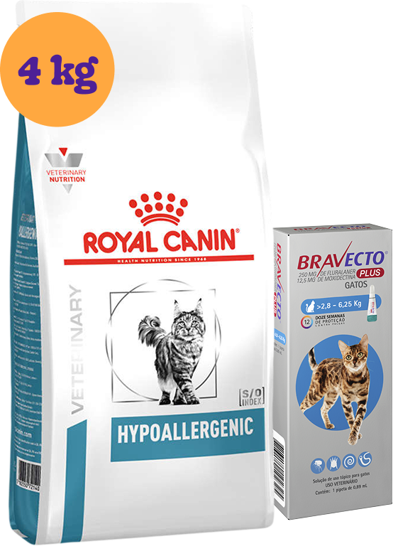 Kit Ração Royal Canin Veterinary Hypoallergenic Gatos Adultos 4kg e Antipulgas Bravecto Transdermal Gatos 1 Pipeta KIT - KIT