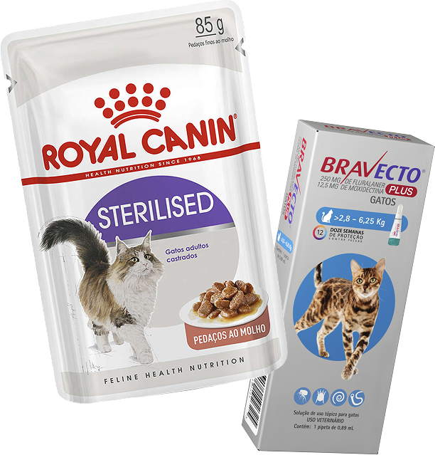 Kit Ração Royal Canin Sachê Feline Sterilised 85g e Antipulgas Bravecto Transdermal Plus 1 Pipeta para Gatos - KIT