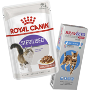 Kit Ração Royal Canin Sachê Feline Sterilised 85g e Antipulgas Bravecto Transdermal Plus 1 Pipeta para Gatos - KIT