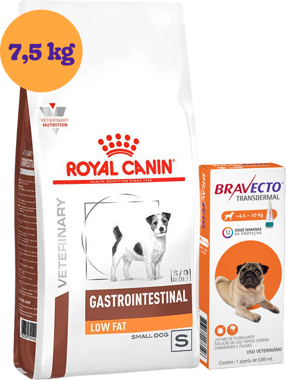 Kit Ração Royal Canin Gastro Intestinal Low Fat Cães Pequenos 7,5Kg e Antipulgas Bravecto Cães 4,5 a 10Kg KIT - KIT
