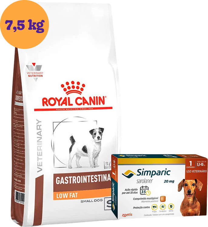 Kit Ração Royal Canin Gastro Intestinal Low Fat Cães Pequeno 7,5Kg e Antipulgas Simparic 20 mg Cães 5,1 a 10Kg KIT - KIT