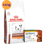 Kit Ração Royal Canin Gastro Intestinal Low Fat Cães Pequeno 7,5Kg e Antipulgas Simparic 20 mg Cães 5,1 a 10Kg - KIT