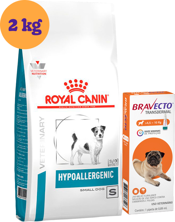 Kit Ração Royal Canin Hypoallergenic Pequenos 2kg para Cães e Antipulgas Bravecto 250mg para Cães 4,5-10kg KIT - KIT
