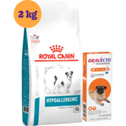 Kit Ração Royal Canin Hypoallergenic Pequenos 2kg para Cães e Antipulgas Bravecto 250mg para Cães 4,5-10kg - KIT