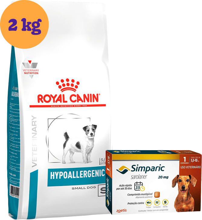 Kit Ração Royal Canin Hipoalergênica Pequenos Cães 2Kg e Antipulgas Simparic 20 mg 1 Comprimido KIT - KIT
