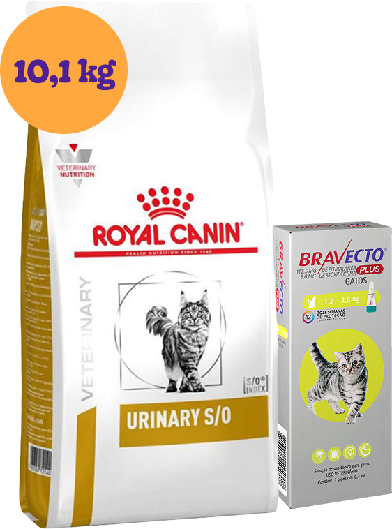 Kit Ração Royal Canin Urinary S/O para Gatos 10,1Kg e Antipulgas Bravecto Transdermal Plus 1 Pipeta KIT - KIT