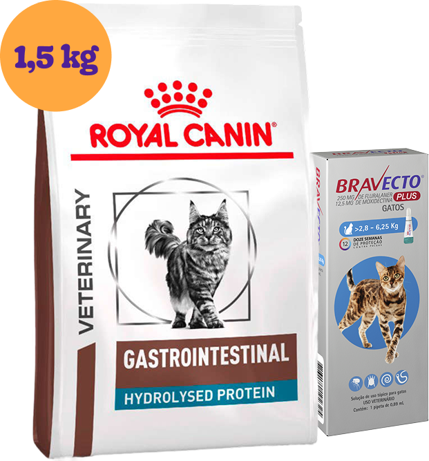 Kit Ração Royal Canin Gastro Intestinal Hydrolysed Protein para Gatos 1,5Kg e Antipulgas Bravecto 1 Pipeta KIT - KIT