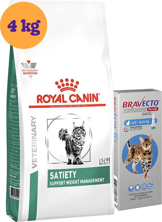 Kit Ração Royal Canin Satiety para Gatos Obesos 4kg e Antipulgas Bravecto Transdermal 1 Pipeta KIT - KIT