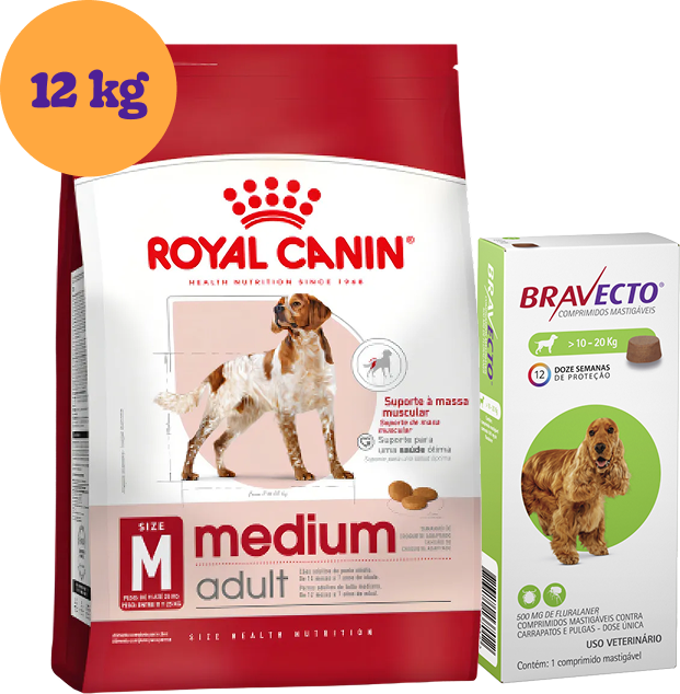 .Kit Ração Royal Canin Medium Adult Cães 12kg e Antipulgas Bravecto 10-20kg 500mg KIT - KIT