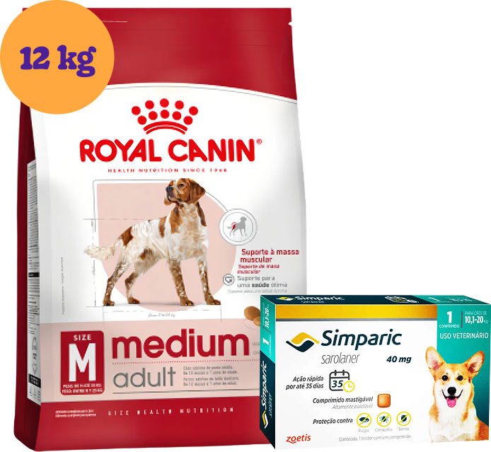 .Kit Ração Royal Canin Medium Adult 12kg e Antipulgas Simparic 40mg para Cães 10,1 a 20kg KIT - KIT