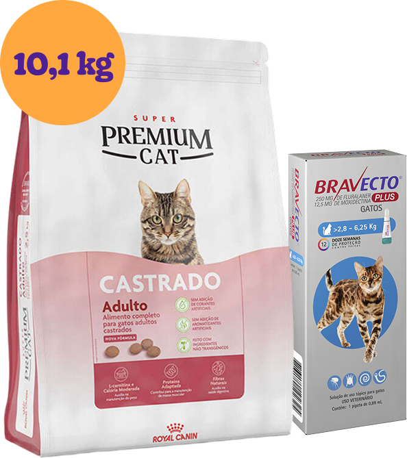 Kit Ração Royal Canin Premium para Gatos Adultos Castrados 10,1kg e Antipulgas Bravecto 1 Pipeta KIT - KIT