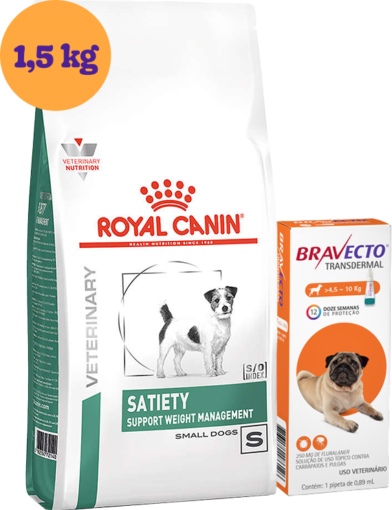 .Kit Ração Royal Canin Satiety Cães Raças Pequenas 1,5Kg e Antipulgas Bravecto Cães 4,5 a 10Kg 250 mg KIT - KIT