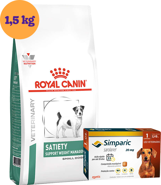 .Kit Ração Royal Canin Satiety Cães Raças Pequenas 1,5Kg e Antipulgas Simparic 20 mg Cães 5,1 a 10Kg KIT - KIT
