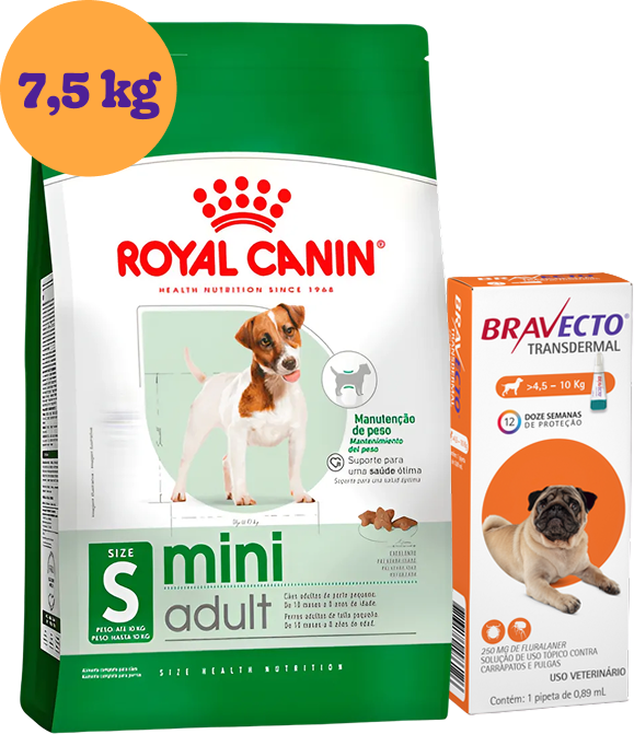 .Kit Ração Royal Canin Mini Adult 7,5kg + Antipulgas Bravecto 250mg para Cães 4,5 a 10kg KIT - KIT