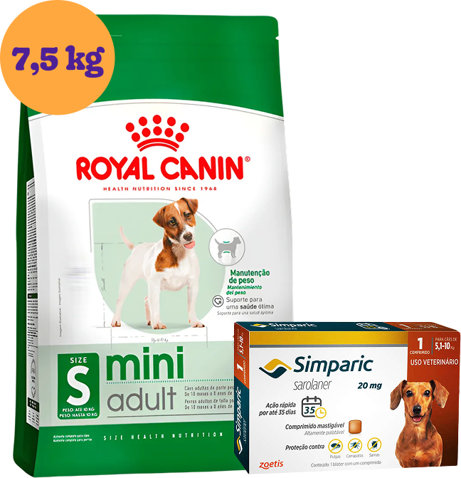 Kit Ração Royal Canin Mini Adult 7,5kg e Antipulgas Simparic 20mg para Cães 5,1 a 10kg KIT - KIT