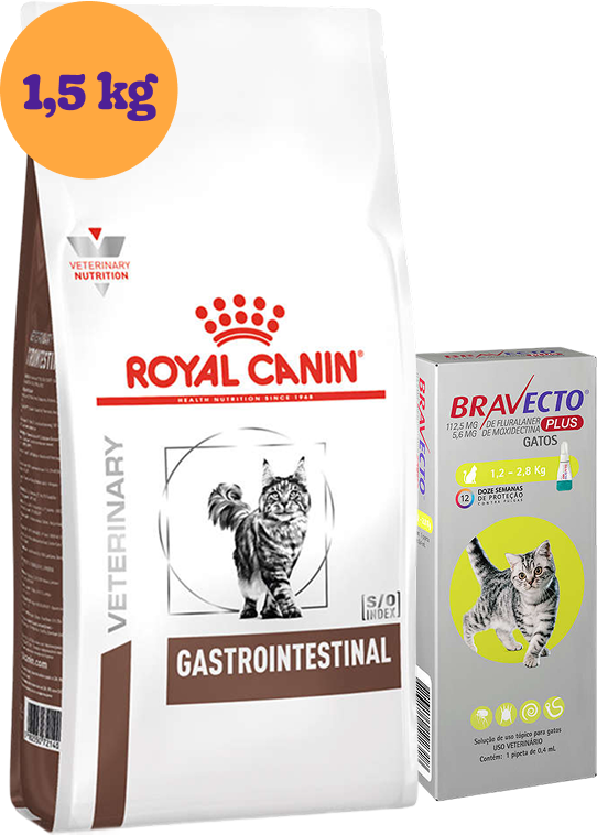 Kit Ração Royal Canin Gastro Intestinal para Gatos 1,5Kg e Antipulgas Bravecto 1 Pipeta KIT - KIT