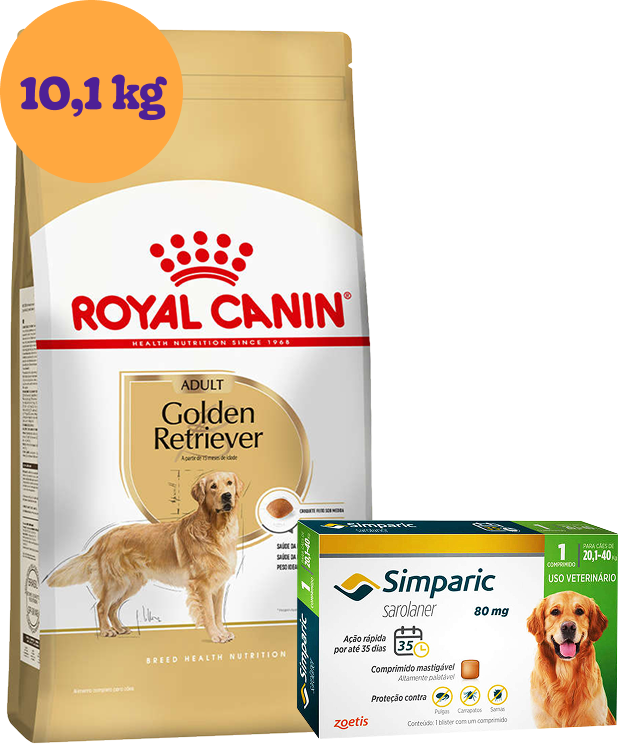 .Kit Ração Royal Canin Golden Retriever Adulto 10,1Kg e Antipulgas Simparic 80 mg para Cães 20,1 a 40Kg KIT - KIT