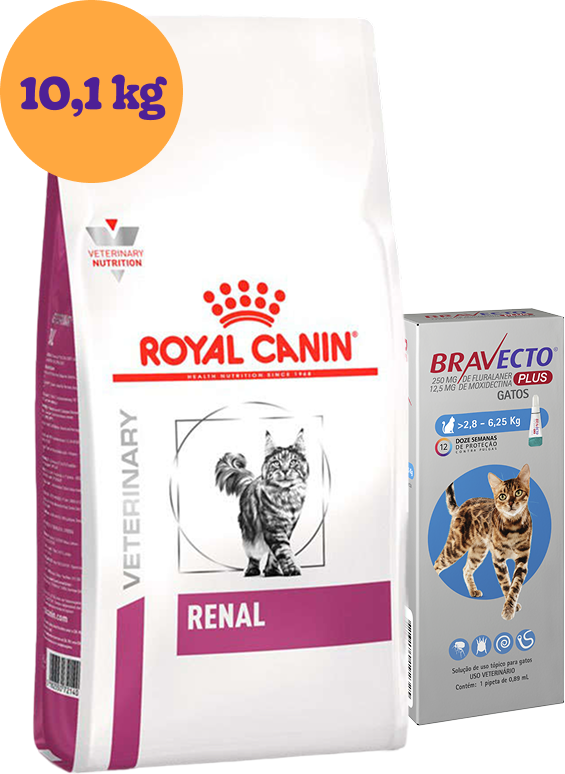 .Kit Ração Royal Canin Renal para Gatos 10,1Kg e Antipulgas Bravecto para Gatos 2,8 a 6,25Kg KIT - KIT