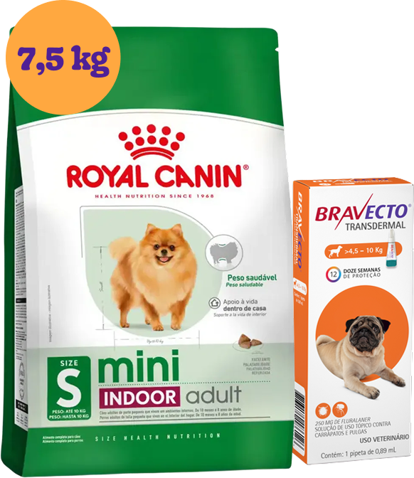 .Kit Ração Royal Canin Mini Indoor Cães Adultos 7,5Kg e Antipulgas Bravecto 250 mg KIT - KIT