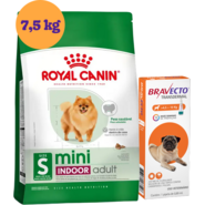 Kit Ração Royal Canin Mini Indoor Cães Adultos 7,5Kg e Antipulgas Bravecto 250 mg - KIT