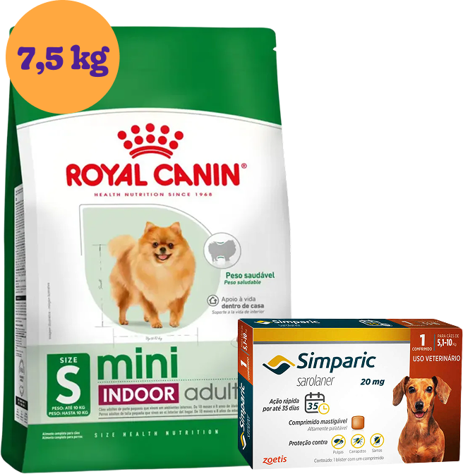 .Kit Ração Royal Canin Mini Indoor Cães Adultos 7,5Kg + Antipulgas Simparic 20 mg Cães 5,1 a 10Kg KIT - KIT