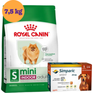 Kit Ração Royal Canin Mini Indoor Cães Adultos 7,5Kg + Antipulgas Simparic 20 mg Cães 5,1 a 10Kg - KIT