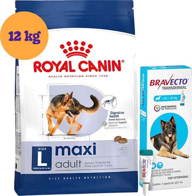 .Kit Ração Royal Canin Maxi Adult Cães Grandes 12kg e Antipulgas Bravecto Cães 20-40kg 1000mg KIT - KIT