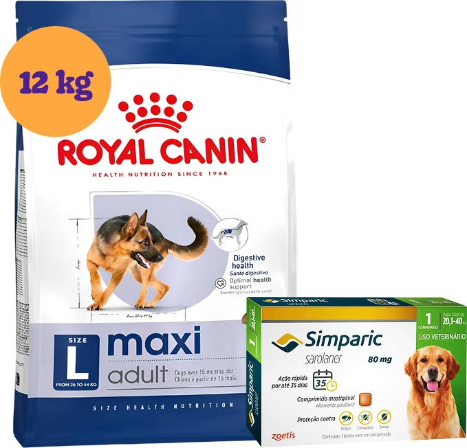 .Kit Ração Royal Canin Maxi Adult Cães Grandes 12kg e Antipulgas Simparic 80mg 20,1 a 40kg KIT - KIT