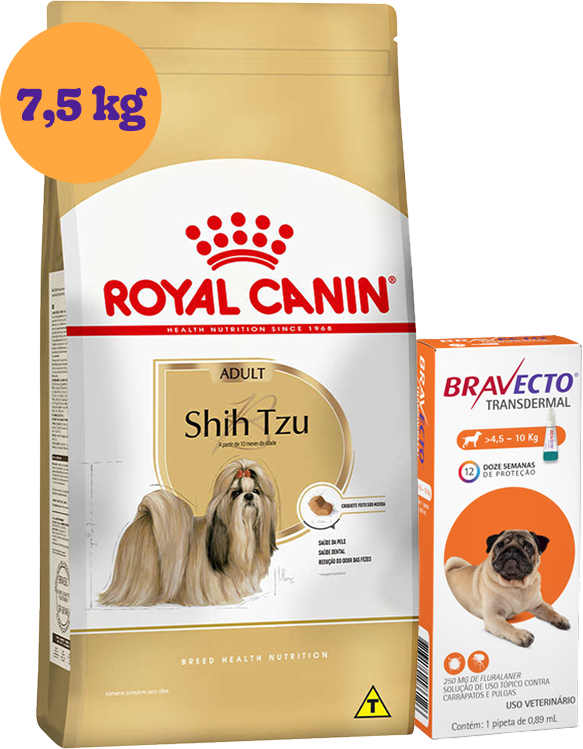 .Kit Ração Royal Canin Shih Tzu 7,5Kg e Antipulgas Bravecto 250 mg para Cães 4,5 a 10Kg KIT - KIT