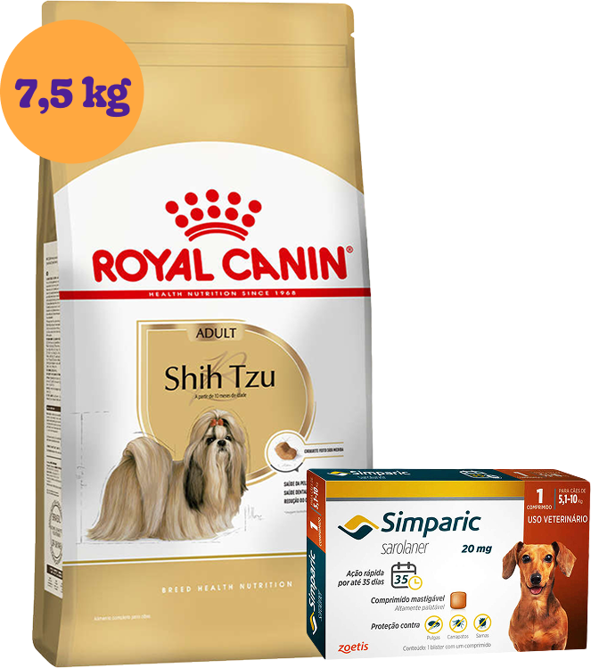 .Kit Ração Royal Canin Shih Tzu 7,5Kg e Antipulgas Simparic 20 mg para Cães 5,1 a 10Kg KIT - KIT