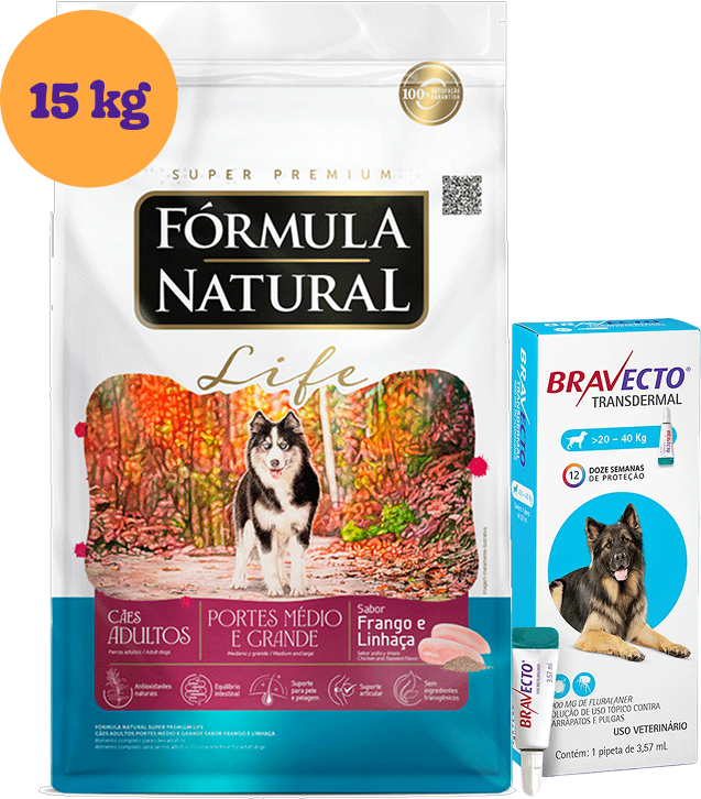 .KIT Ração Fórmula Natural Life Super Premium para Cães Adultos 15Kg + Antipulgas Bravecto 1000 mg KIT - KIT