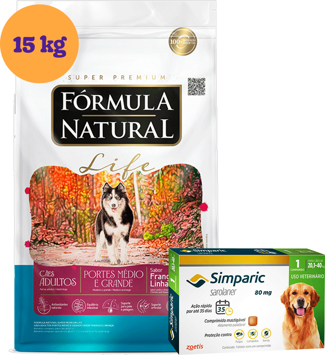.KIT Ração Fórmula Natural Life Super Premium para Cães Adultos 15Kg + Antipulgas Simparic 80 mg 1 Comprimido KIT - KIT
