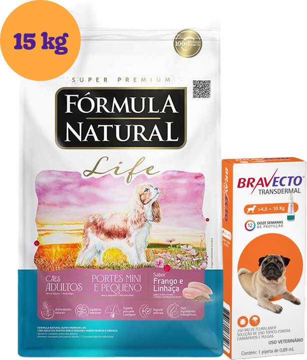 .KIT Ração Seca Natural Life para Cães Adultos Frango e Linhaça 15Kg + Antipulgas Bravecto 250 mg KIT - KIT