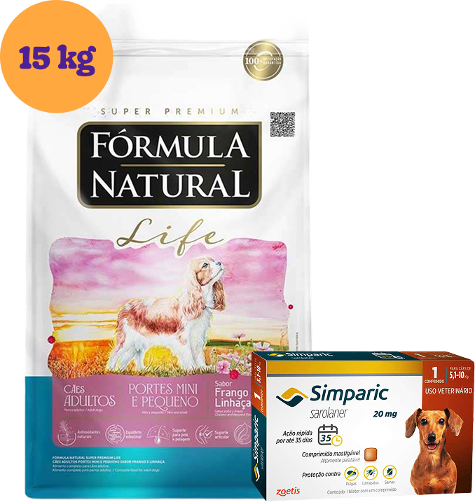 .KIT Ração Seca Natural Life para Cães Adultos Frango e Linhaça 15Kg + Antipulgas Simparic 20 mg 1 Comprimido KIT - KIT