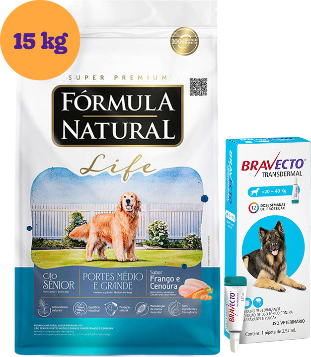.KIT Ração Fórmula Natural Life Super Premium para Cães Sênior 15Kg + Antipulgas Bravecto 1000 mg KIT - KIT