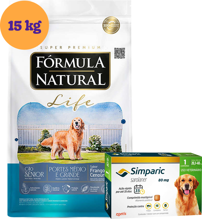 .KIT Ração Fórmula Natural Life Super Premium Cães Sênior 15Kg + Antipulgas Simparic 80 mg 1 Comprimido KIT - KIT