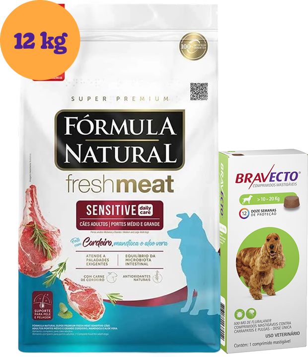 .KIT Ração Seca Natural Fresh Meat Sensitive Cães Adultos 12 KG + Antipulgas Bravecto 500 mg (10-20Kg) KIT - KIT