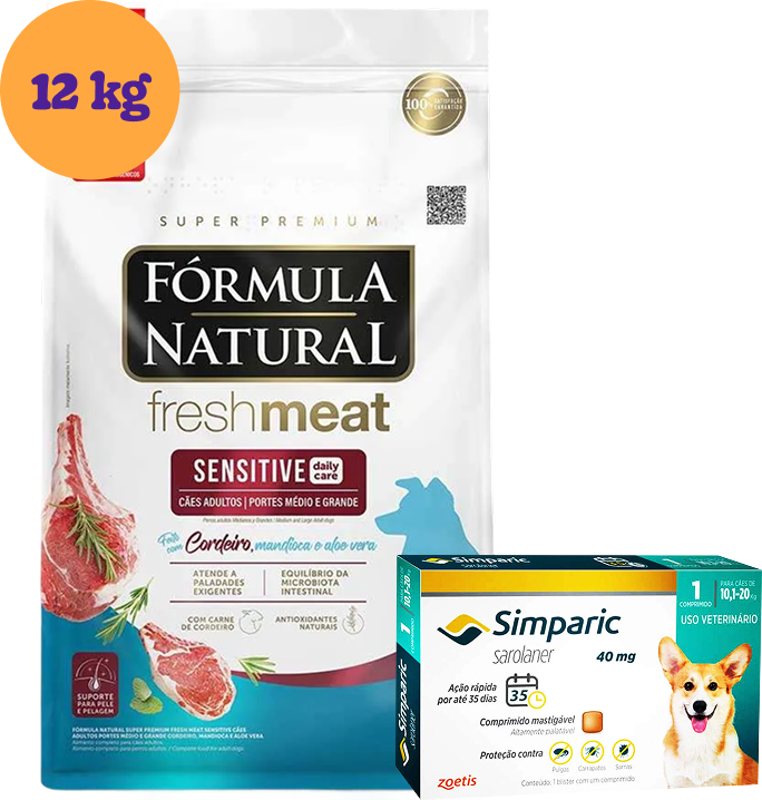 .KIT Ração Seca Fórmula Natural Fresh Meat Sensitive Cães Adultos 12 KG + Antipulgas Simparic 40 mg (1 Comprimido) KIT - KIT