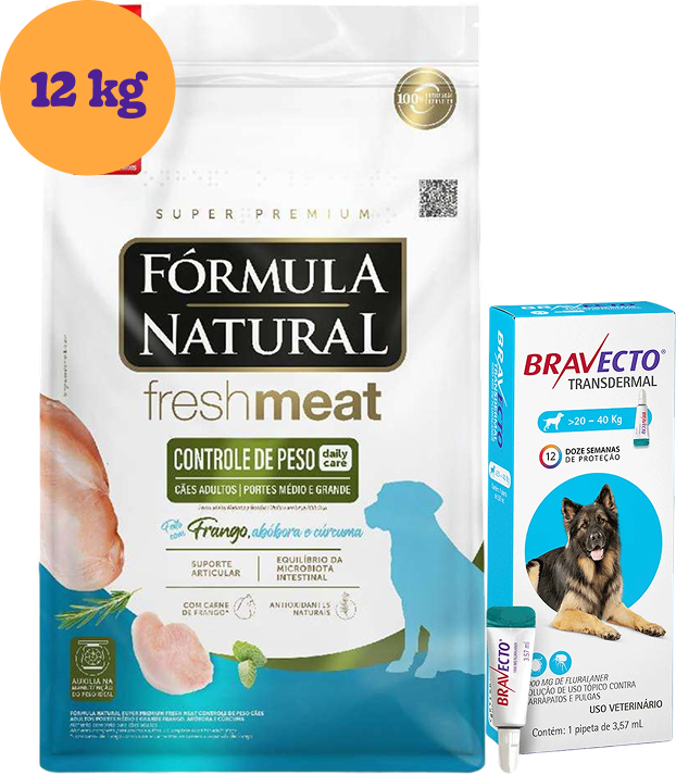 .KIT Ração Seca Natural Fresh Meat Cães Light 12Kg + Antipulgas Bravecto 1000 mg KIT - KIT