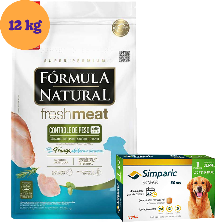 .KIT RaçãoNatural Fresh Meat Cães Light Raças Médias e Grandes 12Kg + Antipulgas Simparic 80 mg 1 Comprimido KIT - KIT