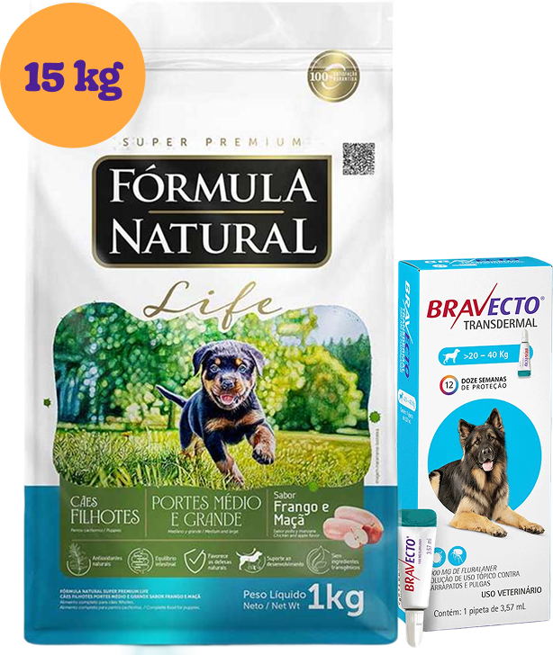 .KIT Ração Seca Natural Life para Cães Filhotes Raças Médias e Grandes 15Kg + Antipulgas Bravecto 1000 mg KIT - KIT