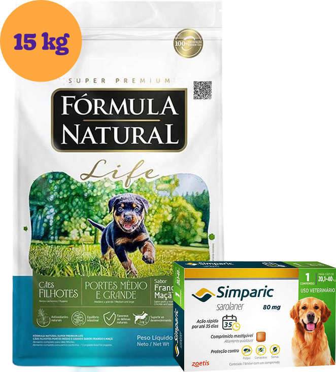 .KIT Ração Seca Natural Life para Cães Filhotes 15Kg + Antipulgas Simparic 80 mg 1 Comprimido KIT - KIT