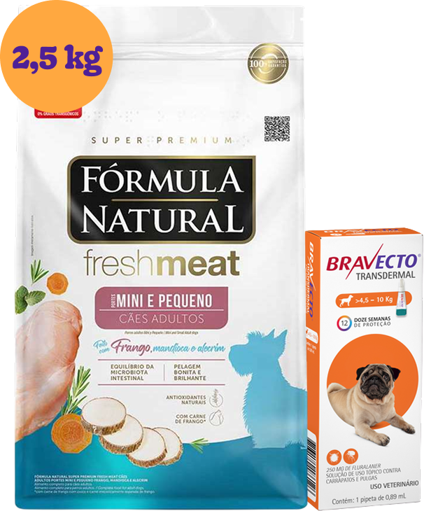 .KIT Ração Seca Fórmula Natural Fresh Meat Cães Adultos Raças Mini e Pequena 2,5Kg + Antipulgas Bravecto 250 mg KIT - KIT