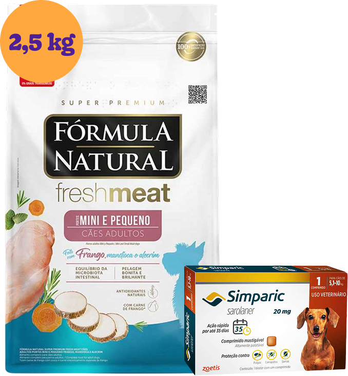 .KIT Ração Seca Natural Fresh Meat Cães Adultos 2,5Kg + Antipulgas Simparic 20 mg (1 Comprimido) KIT - KIT