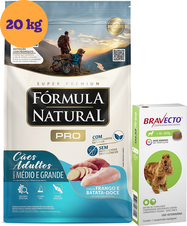 .KIT Ração Seca Natural Pró Frango e Batata Doce para Cães 20Kg + Antipulgas Bravecto 500 mg KIT - KIT